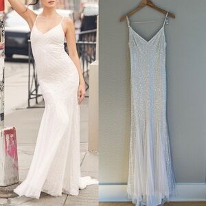 Adoring Devotion White Mesh Beaded Sequin Mermaid Maxi Dress